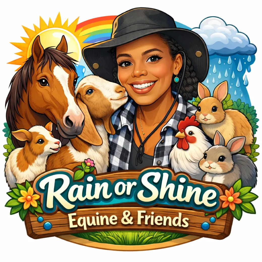 Rain or Shine Equine and Friends logo: a smiling woman in a wide-brimmed hat surrounded by a horse, goats, a chicken and rabbits, beneath a rainbow
